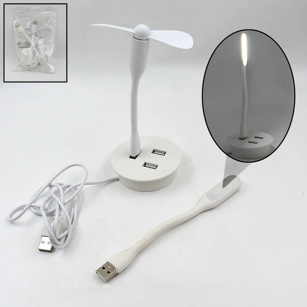 Desk USB cooler with fan head on base, two USB ports and power cables