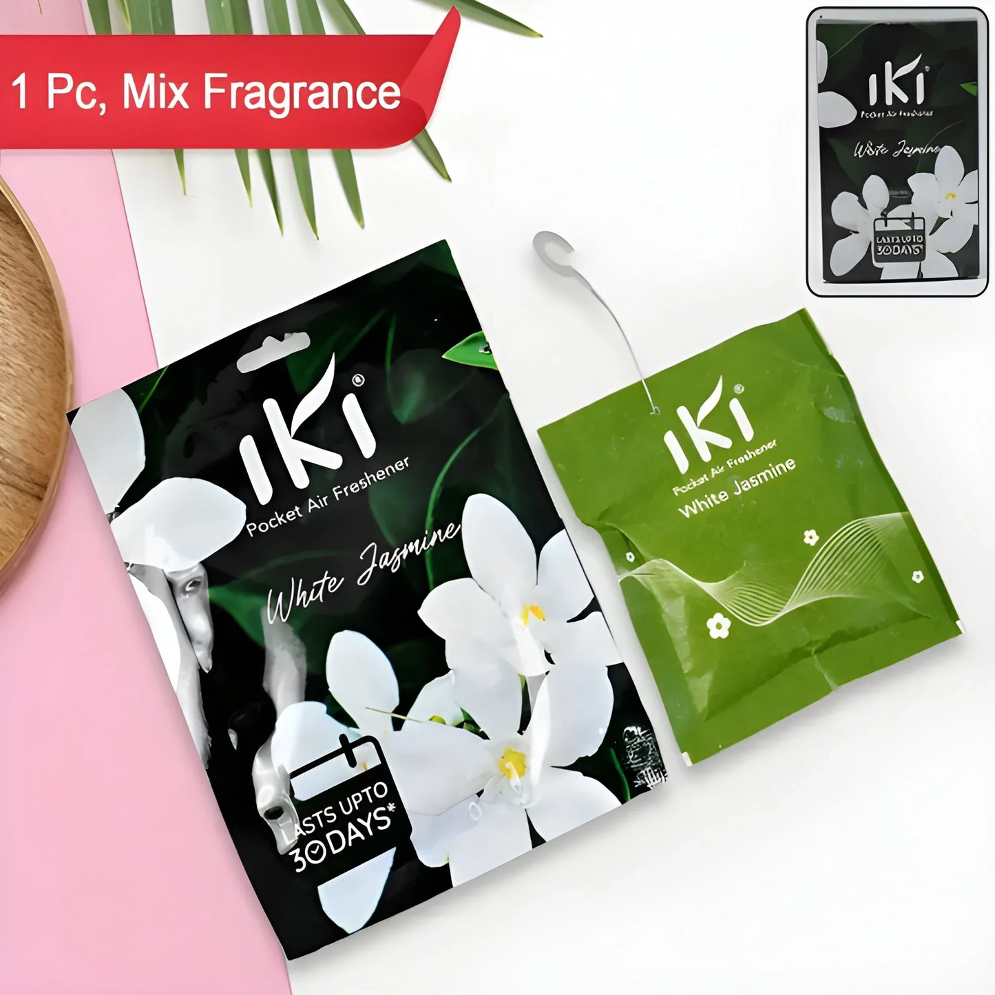 Pocket air freshener sachet packs with white jasmine scent, one black and one green