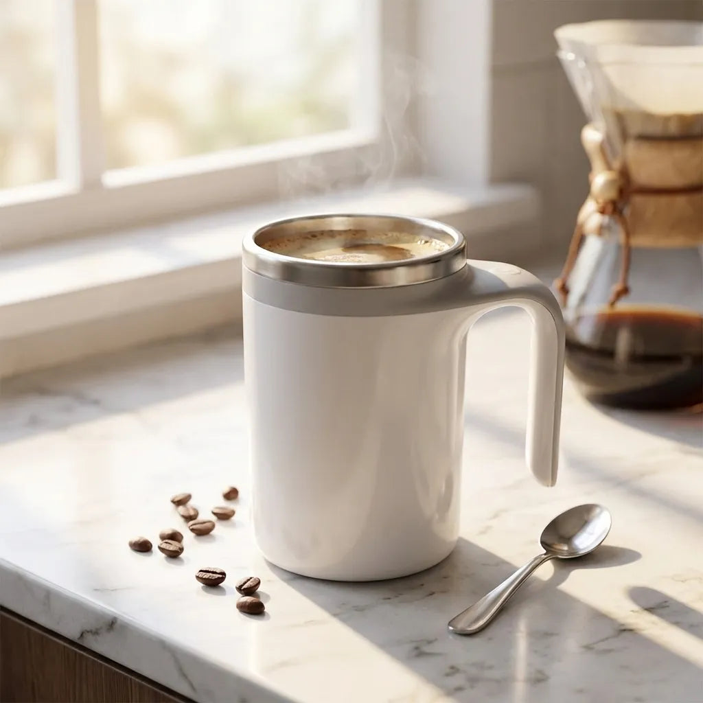 Self-stirring coffee mug, white ceramic with stainless steel rim and side handle