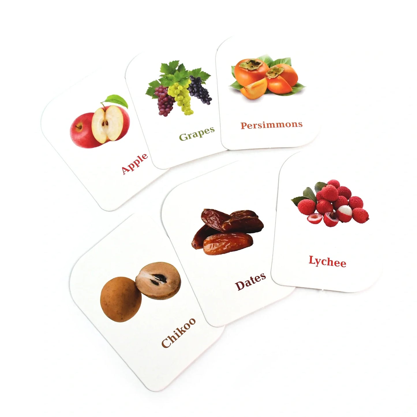 Fruit flashcards set with illustrated fruit cards labeled Apple, Grapes, Persimmons, Dates.