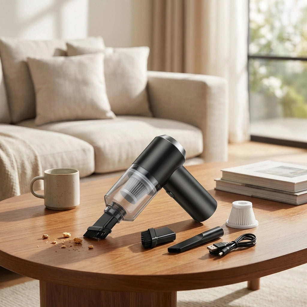 Handheld portable wireless vacuum cleaner with dust bin and floor brush attachments