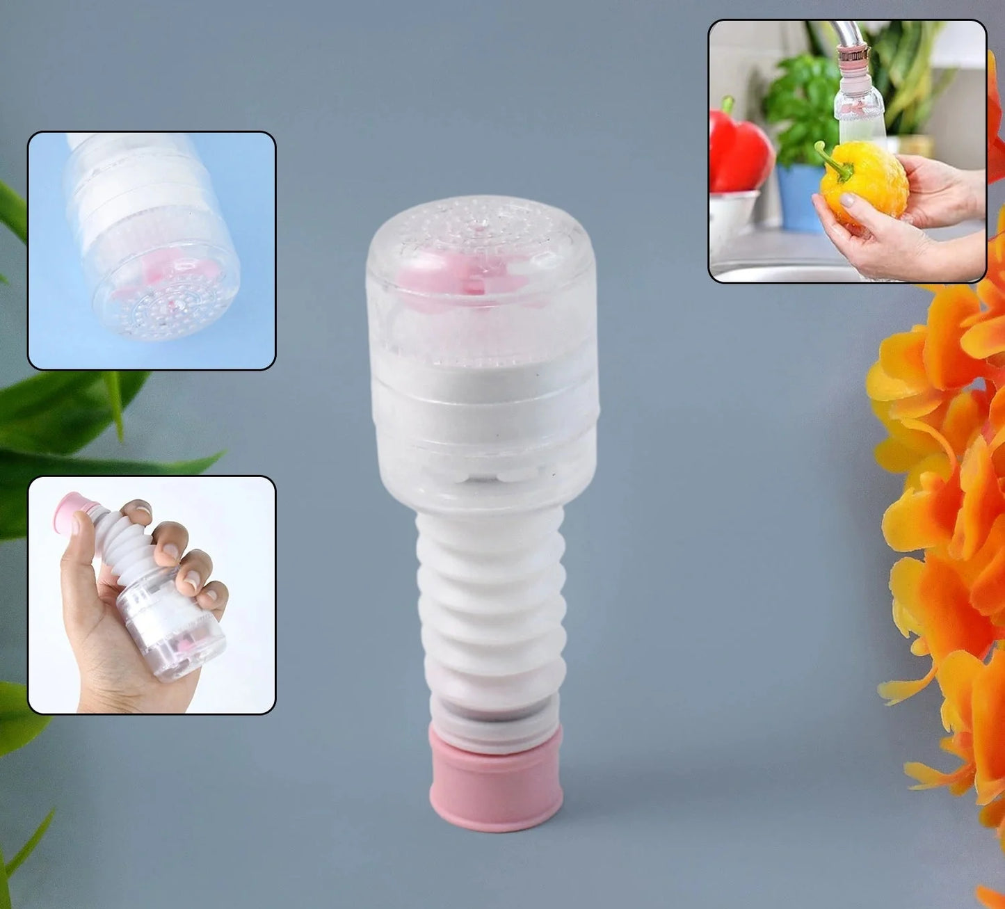 Flexible faucet extender with filter, white and pink, coiled tube with water outlet