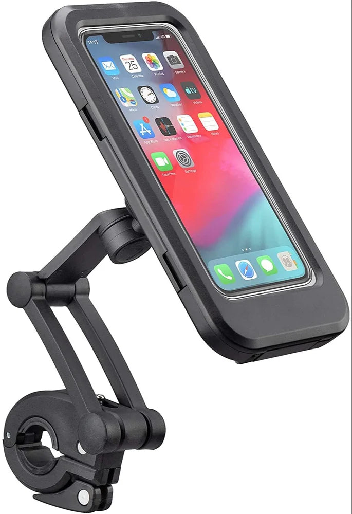 Motorcycle phone holder with clear front screen cover and handlebar clamp, angled