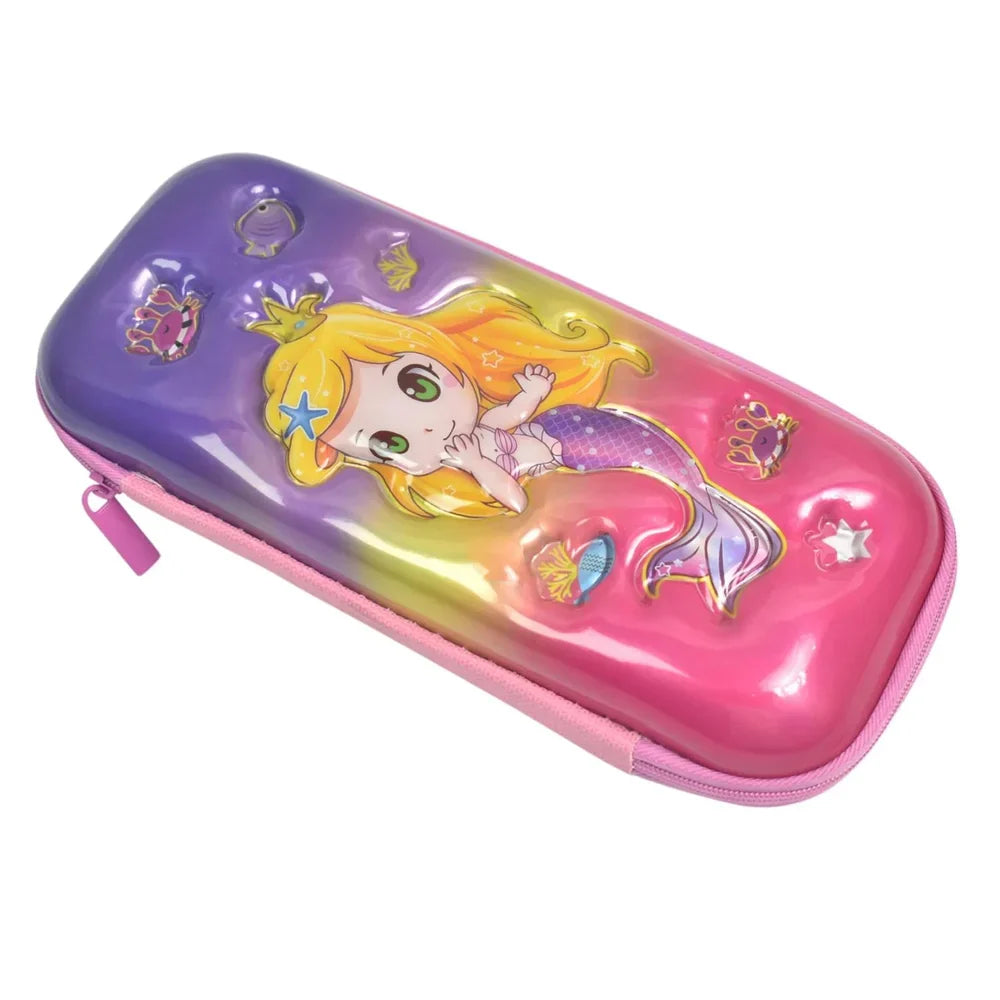 Cartoon zipper pencil box, glossy pink and purple with fairy character print