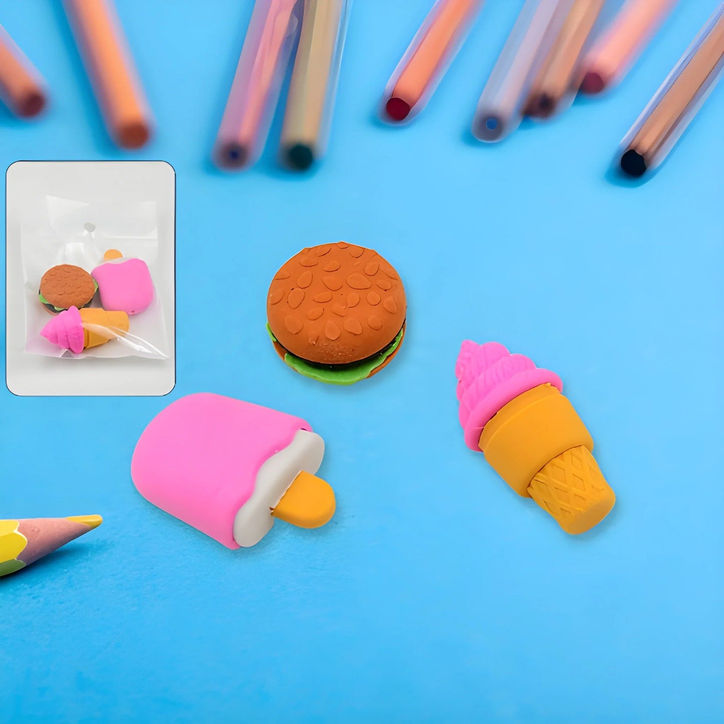 3D dessert eraser set with burger, ice cream cone, and round patty erasers
