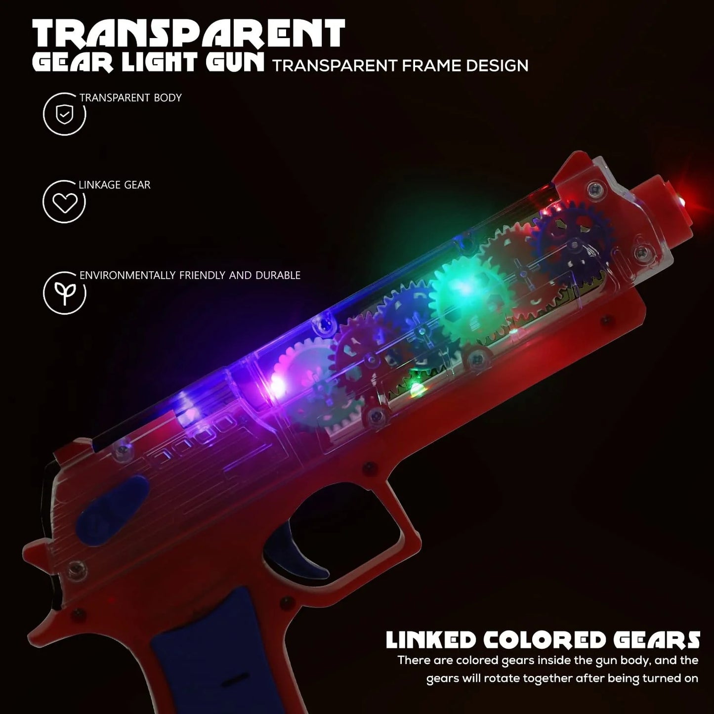 Transparent-frame red gear light toy gun with multicolor flashing LEDs