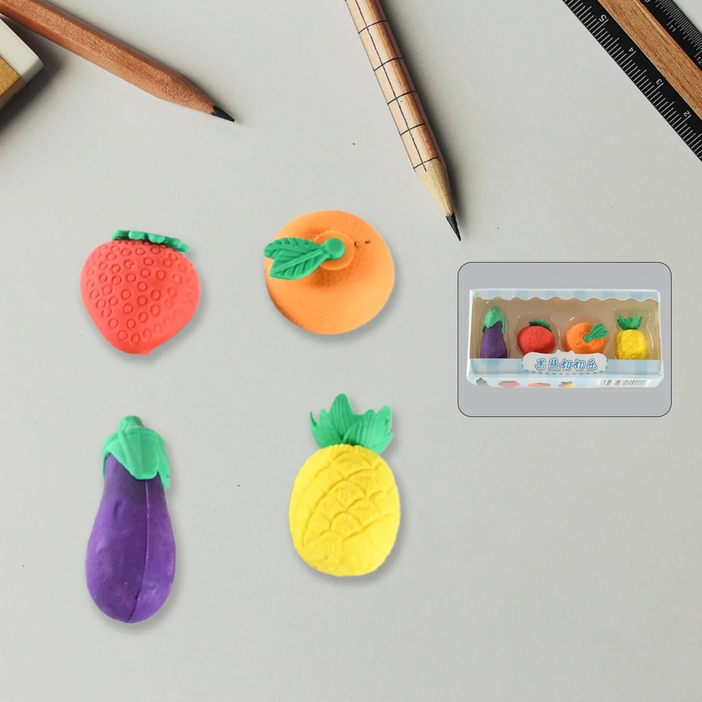 3D fruit and vegetable erasers set: orange, strawberry, eggplant, pineapple shapes
