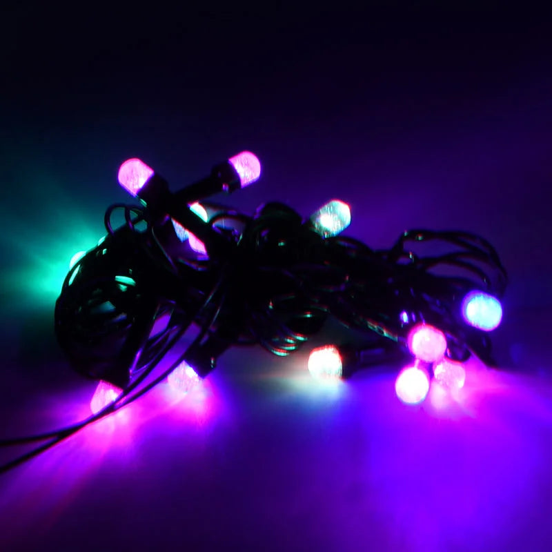 Colorful LED string lights with small bulb clusters on black wire