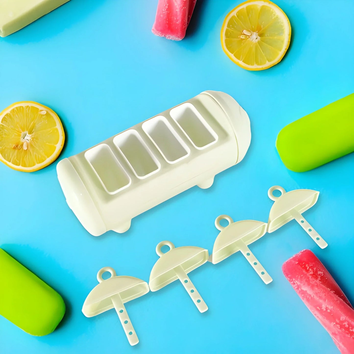 4-in-1 popsicle maker mold tray with popsicle mold pieces and handles