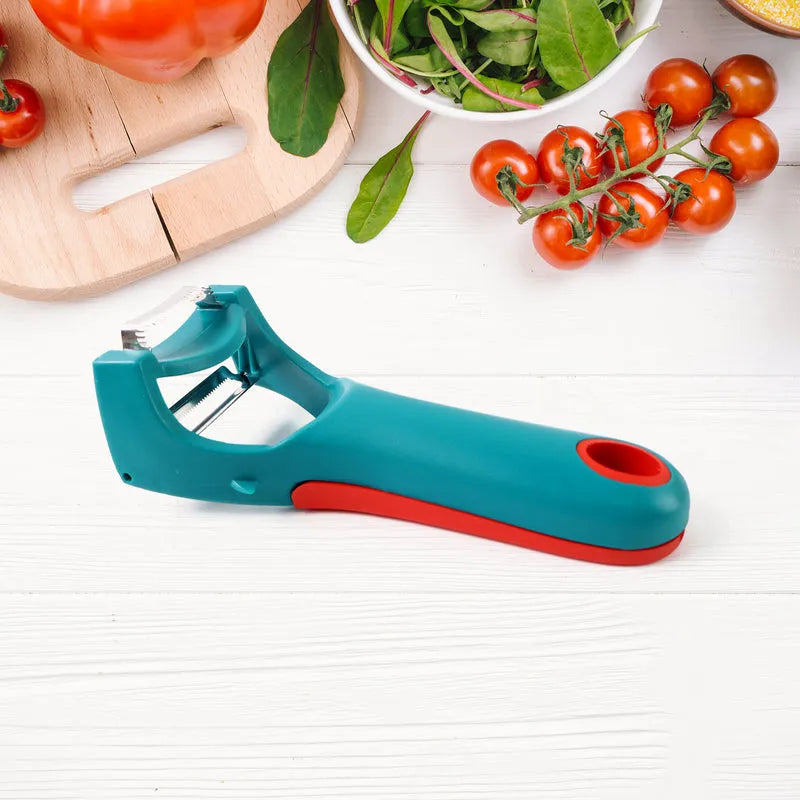 4-in-1 vegetable and fruit peeler with teal handle and red cutting blade