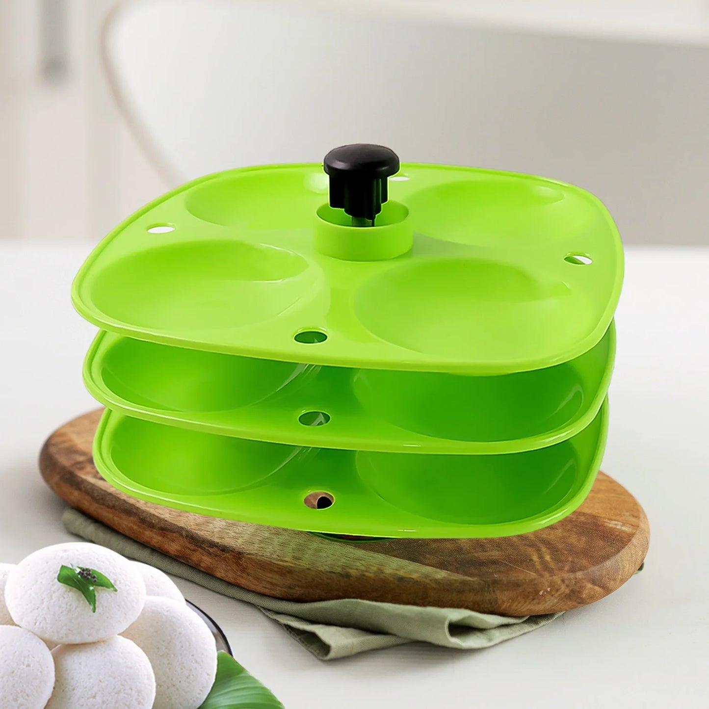 4-layer idli stand, green stacked steamer with lid and black knob