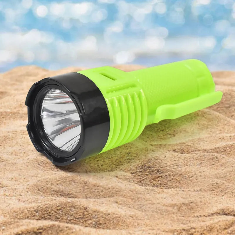Black and lime green LED torch with wide head and ridged grip