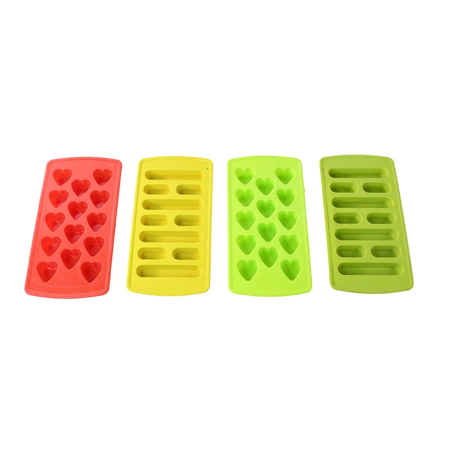 Four-piece flexible ice cube tray set with heart-shaped ice molds in red, yellow, and green
