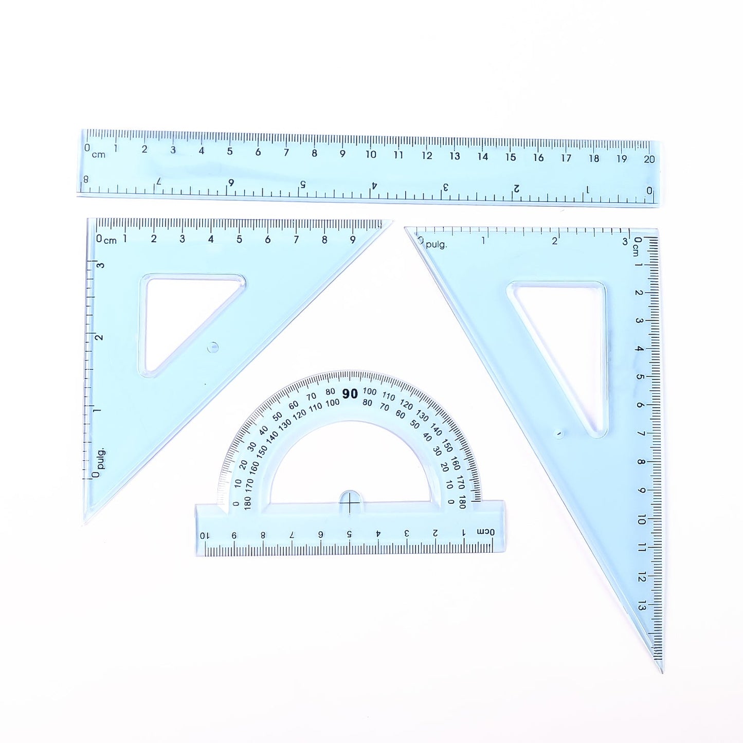 4-piece geometry set in light blue, including triangles and protractor