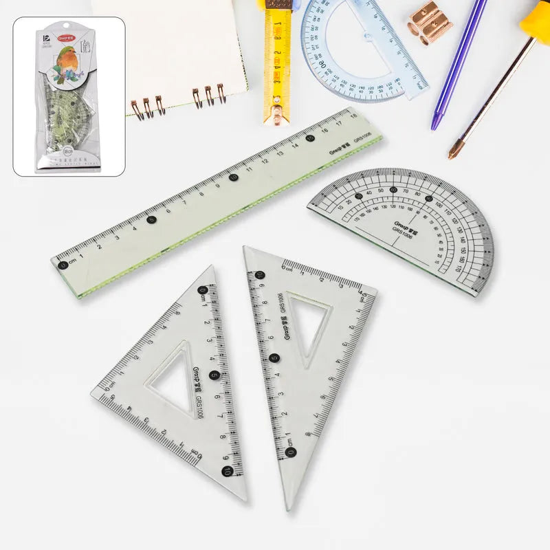 Geometry set with transparent rulers, triangular set and semi-circular protractor