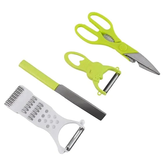 Kitchen cutting set with green-handled peeler, two knives, and white grater