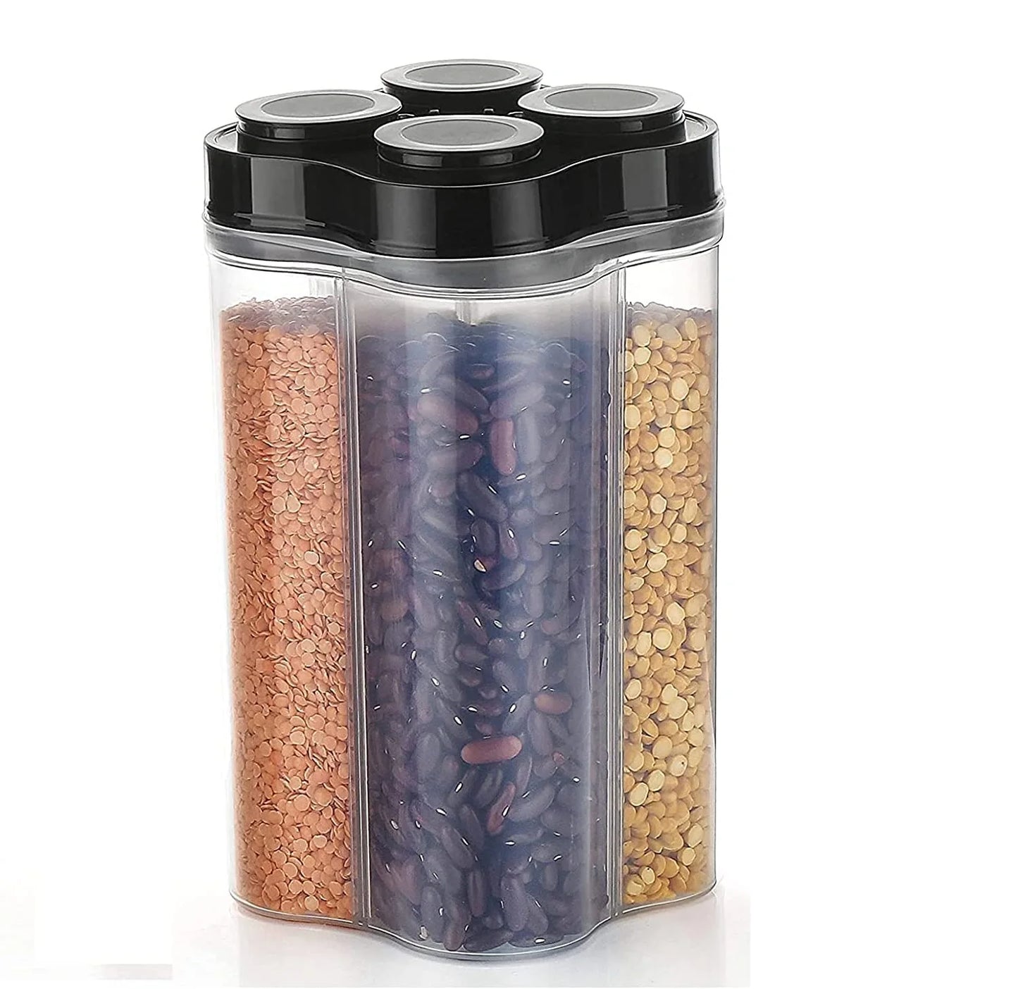 4-section food storage jar, clear compartments, black lid, holding assorted dry foods