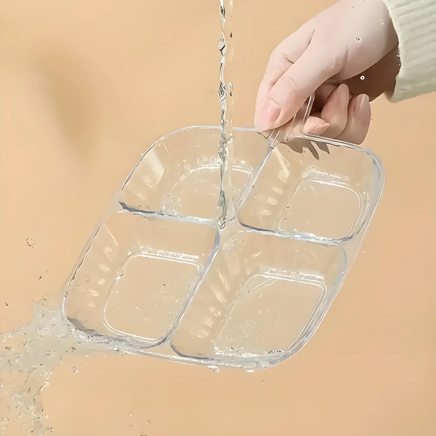 Clear 4-section serving tray with rounded square compartments