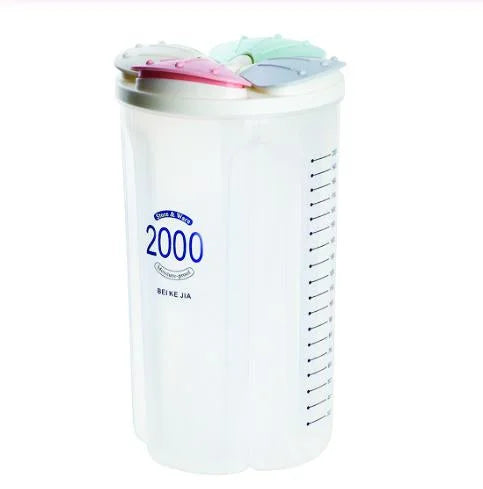 4-section storage jar, white with measurement marks and four colored snap lids