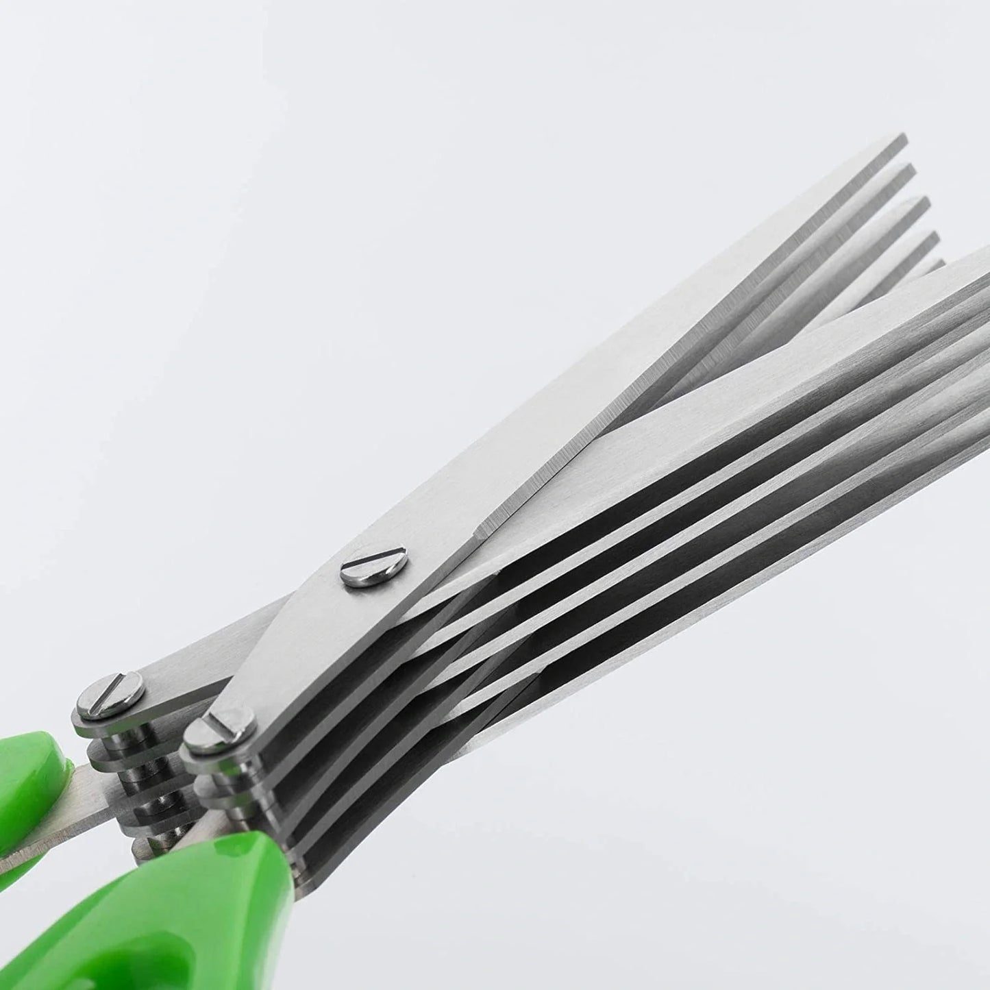 Stainless steel herb scissors with 5 blades and green plastic handle