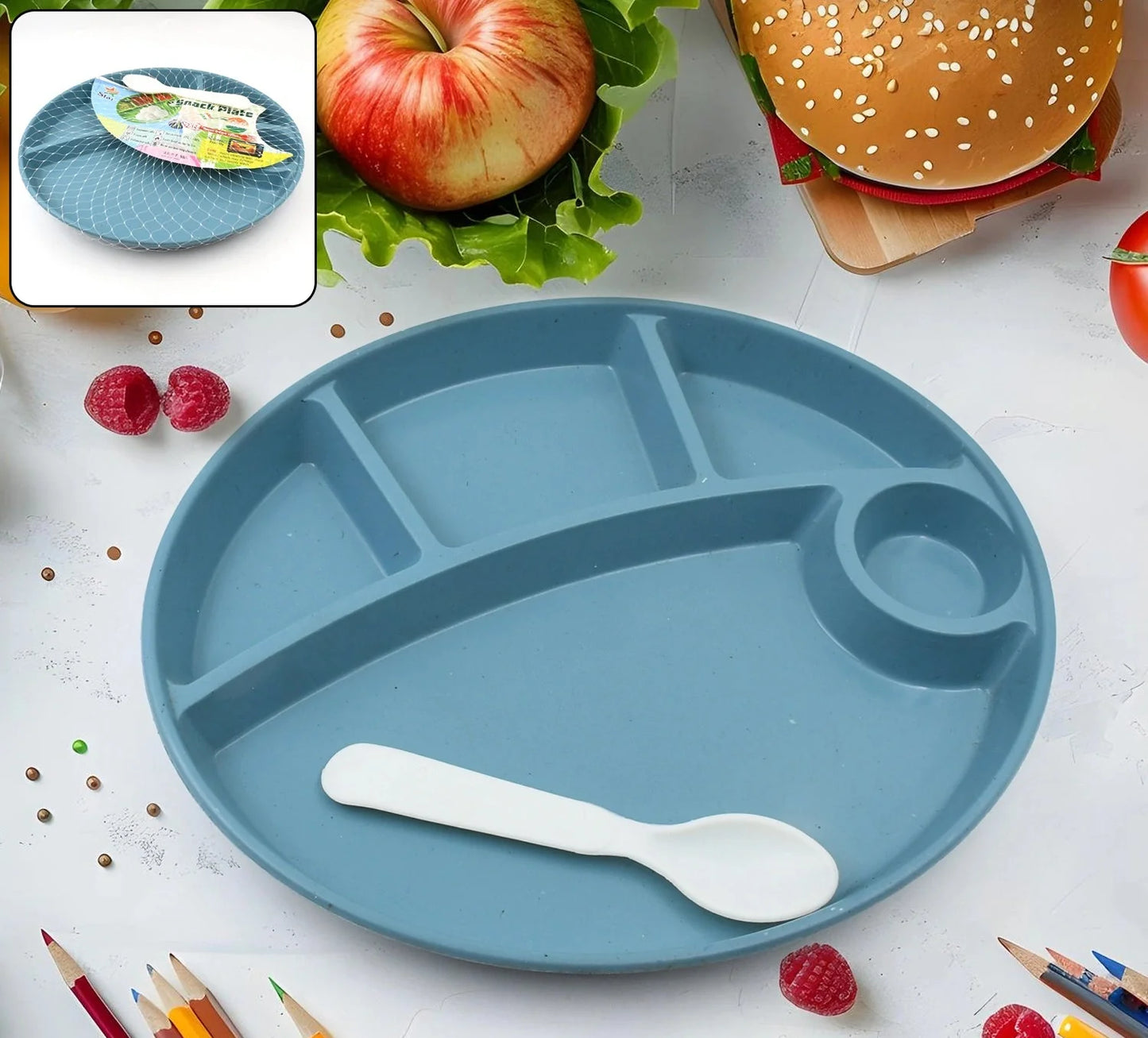 Blue 5-compartment plastic plate with built-in sections for utensils