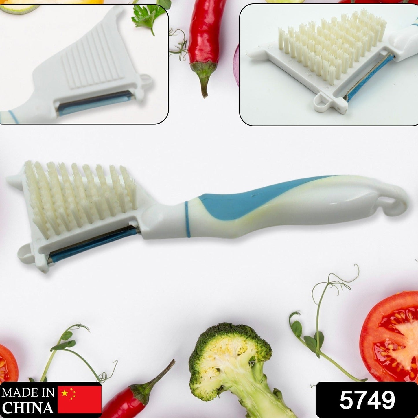 Handheld 5-in-1 peeler brush tool with replaceable blade and bristle head