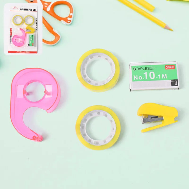 5-in-1 stationery tool set with pink cutter, yellow dispenser wheels, stapler