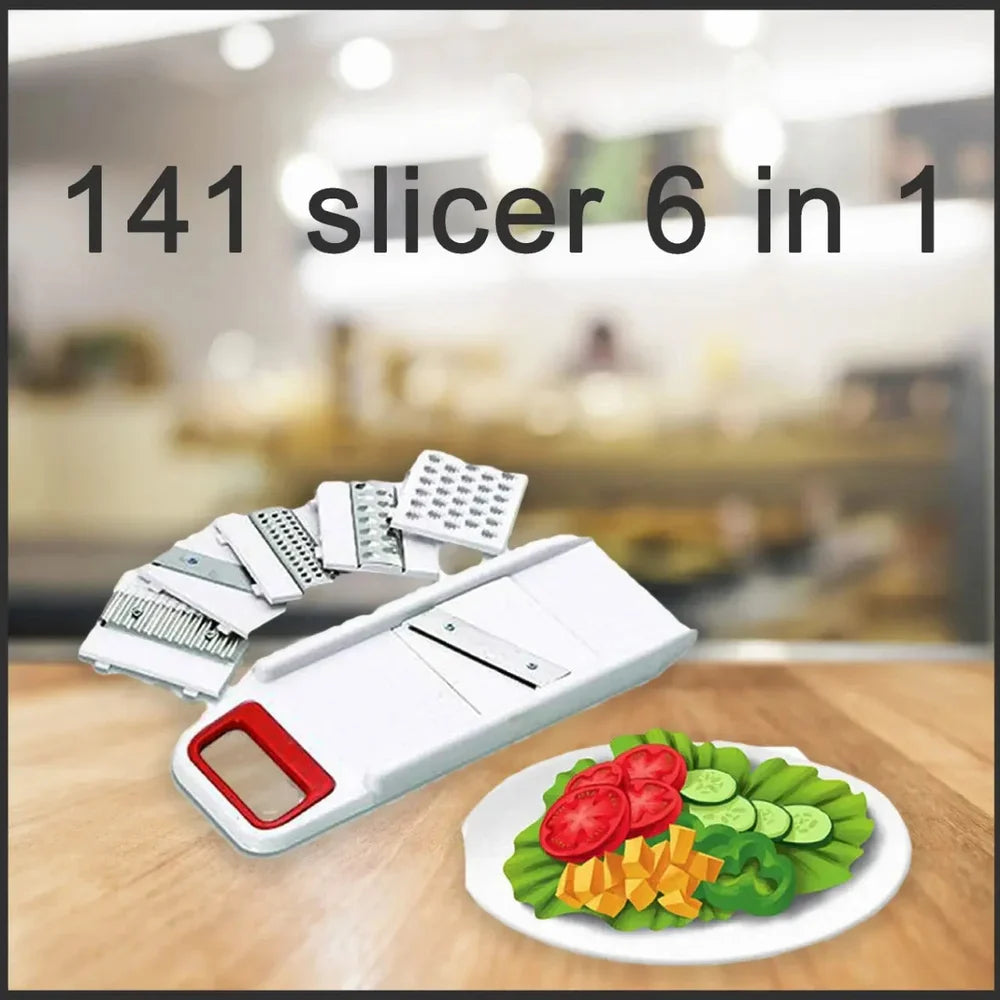 Multi-attachment fruit & vegetable slicer with white base, red hand grip, and blade attachments