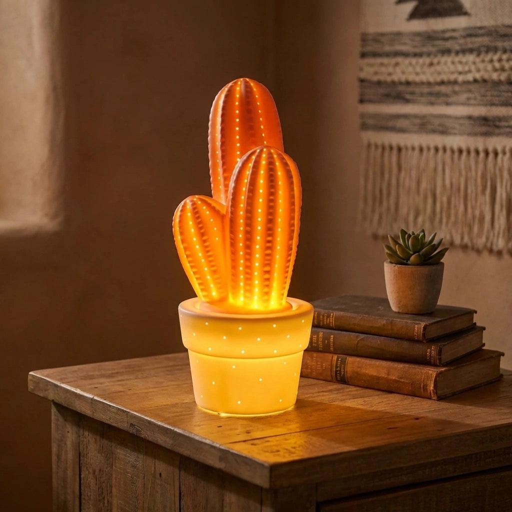Modern ceramic cactus table lamp with yellow base and three stacked cactus shades