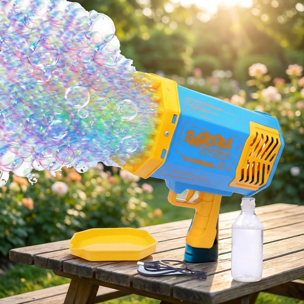 Rechargeable bubble gun with large bubble wand, blue and yellow body, includes bottle and stand