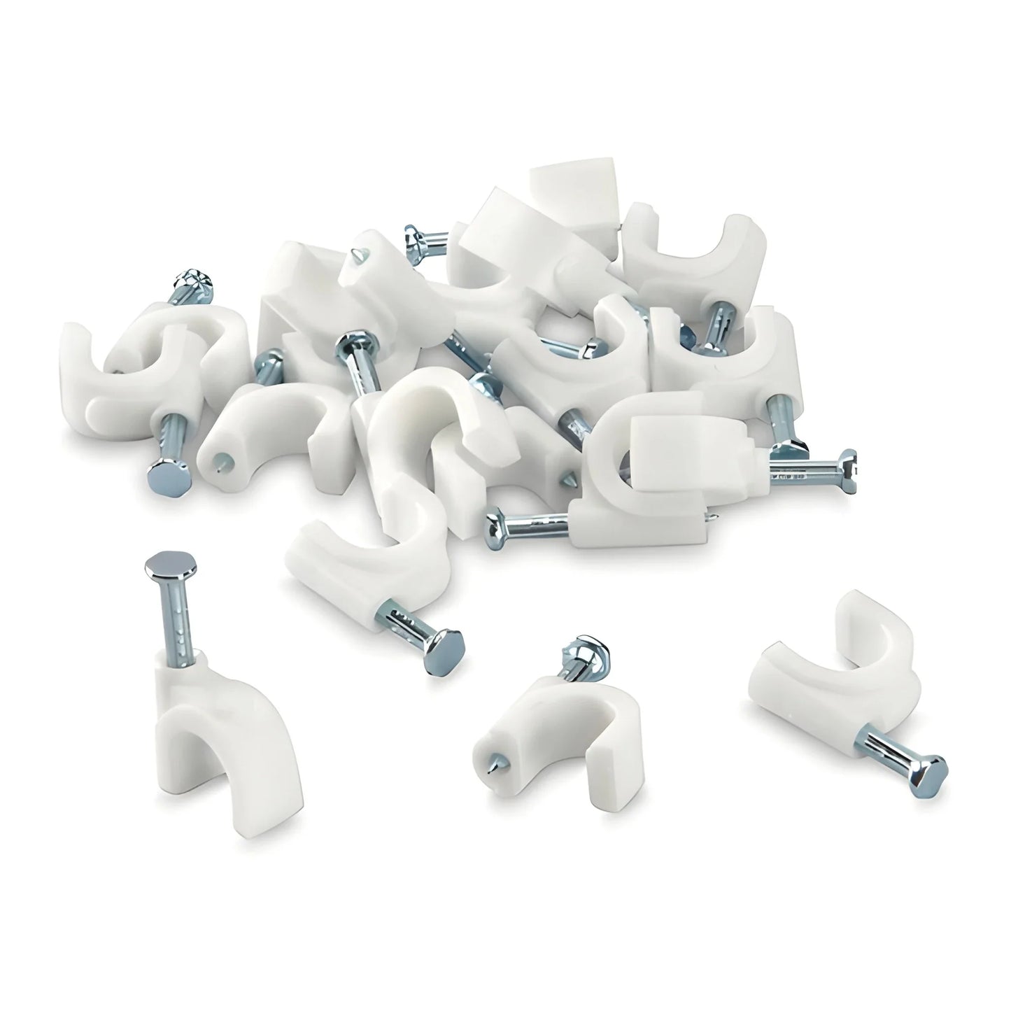 Self-adhesive cable clips: white plastic holders with metal screws