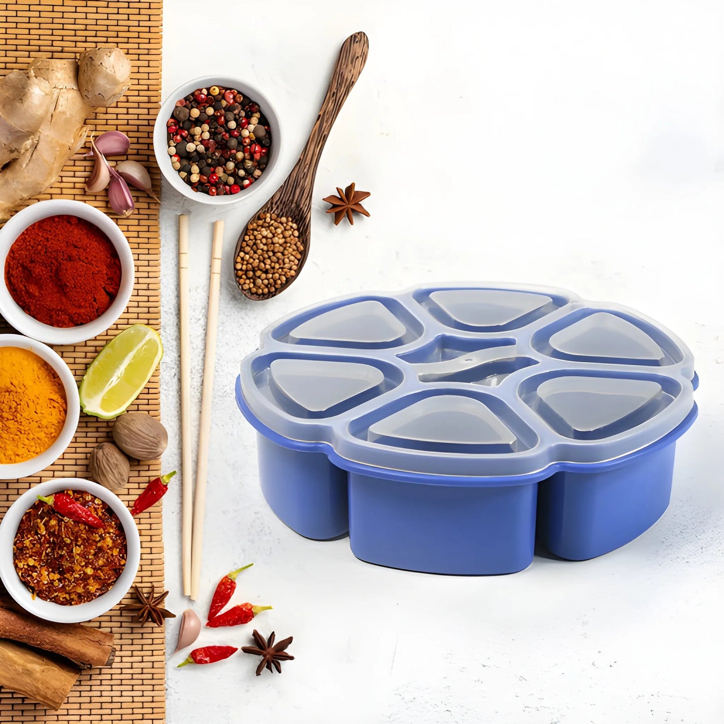 7-compartment spice box with blue lid and seven divided compartments