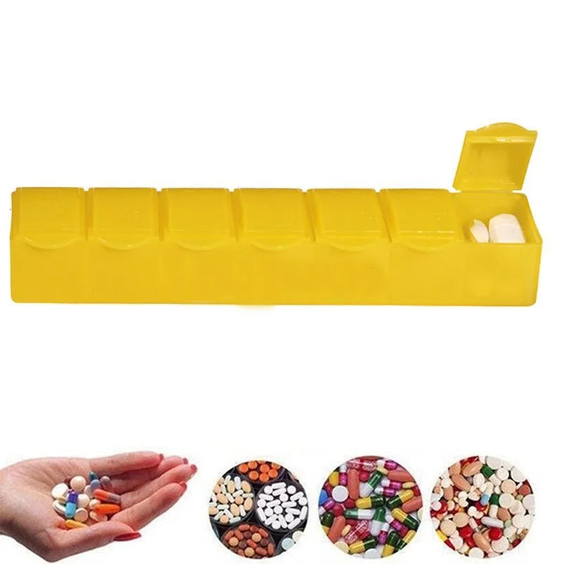 Yellow 7-day pill organizer box with hinged tray and seven compartments