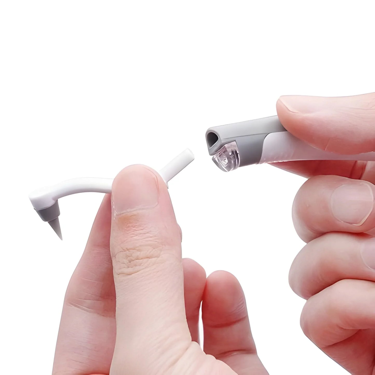 Stainless steel toothpick flosser set with white handle and gray tip