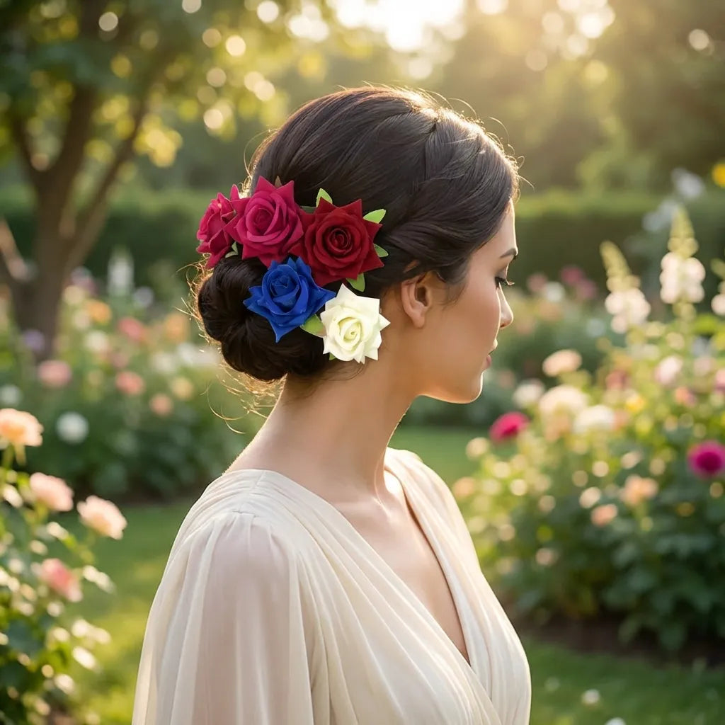 Colorful flower hair clips with pink, blue, and white blooms on a dark hair bun