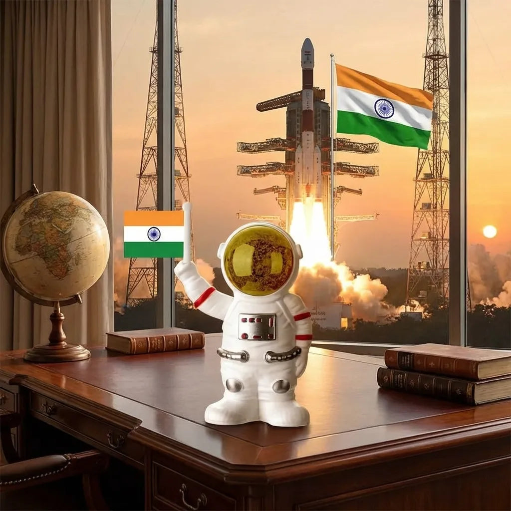 White astronaut dashboard toy with round cockpit screen and Indian flag panel
