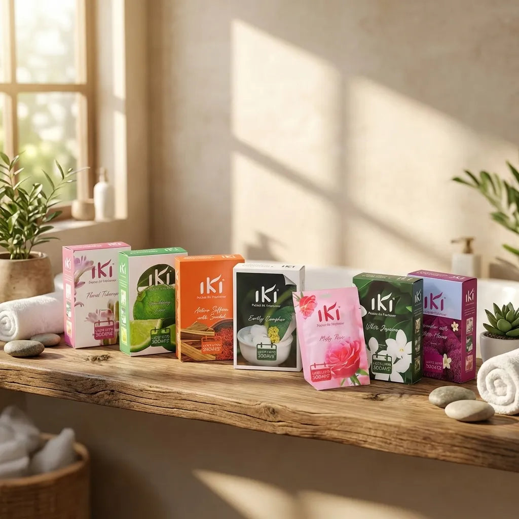 Pocket air freshener set of 6 boxed scents with colorful packaging, brand Iki