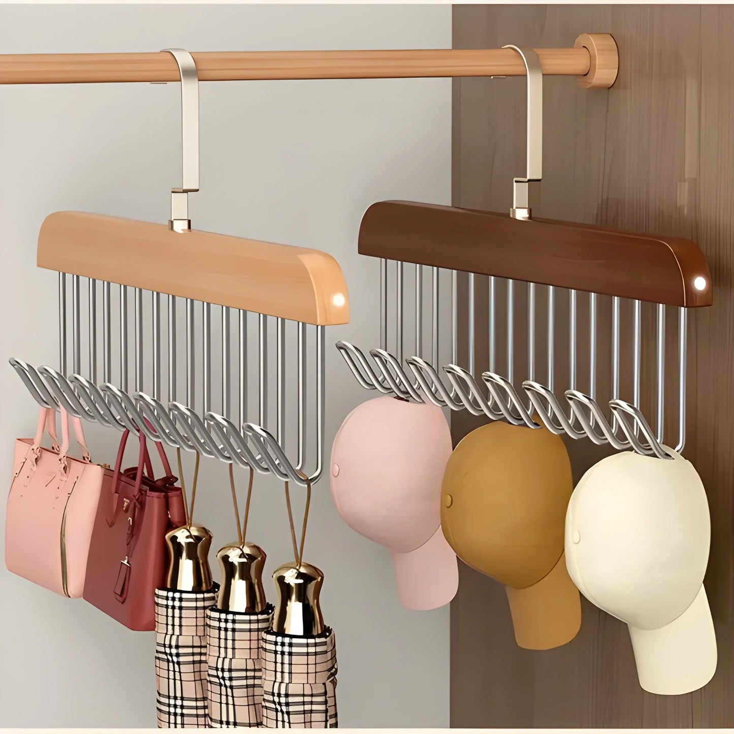 Wooden space-saver hanging organizer with eight curved hooks and support arms