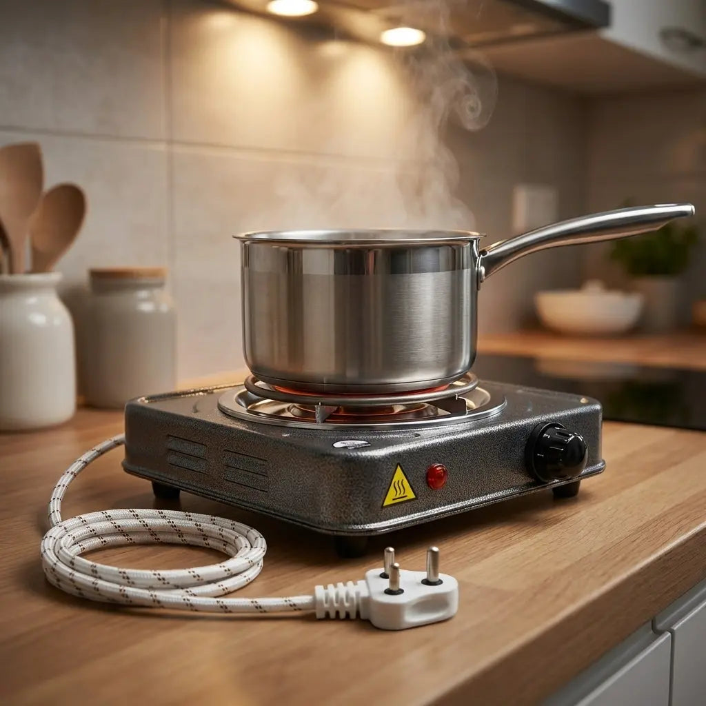 Electric countertop stove with stainless pot, red coil ring, knob and red indicator light