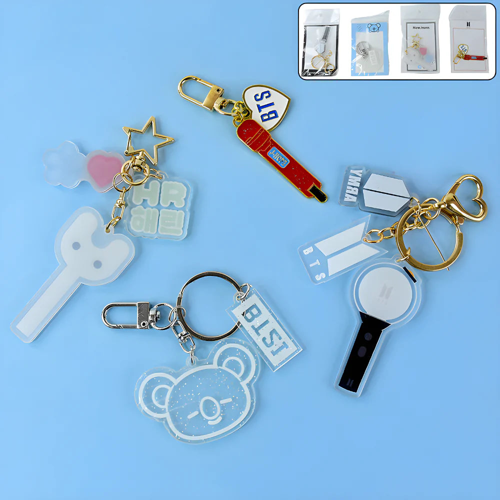 Acrylic fan keychain set with multiple character charm designs
