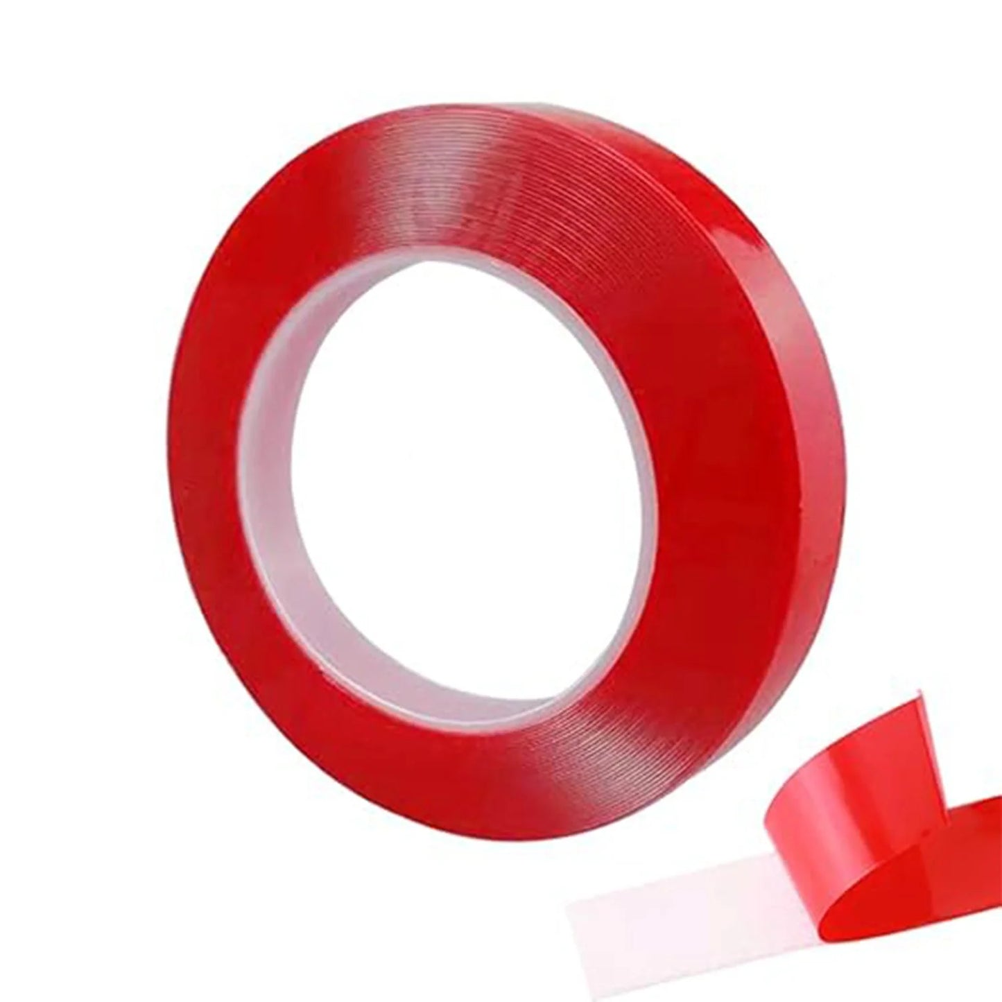 Red foam mounting tape roll with adhesive backing strip