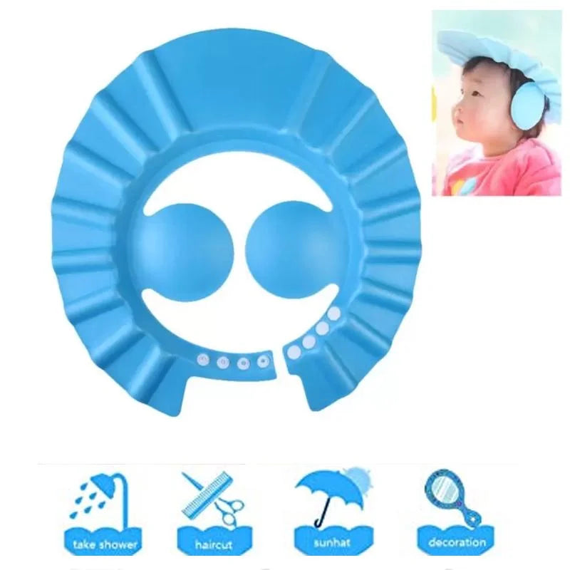 Adjustable baby shower cap, light blue with cute face and buttons