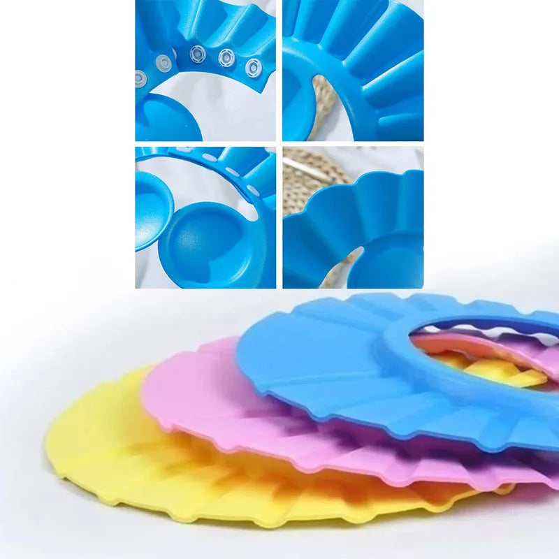 Multicolor adjustable baby shower cap with scalloped edges and snap closure