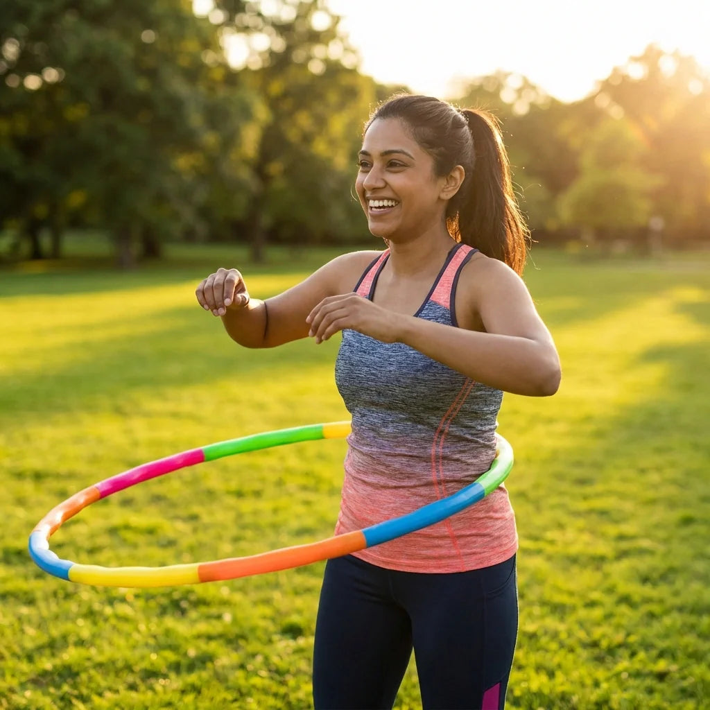 Adjustable hula hoop with multicolor segments (green, orange, blue, red)