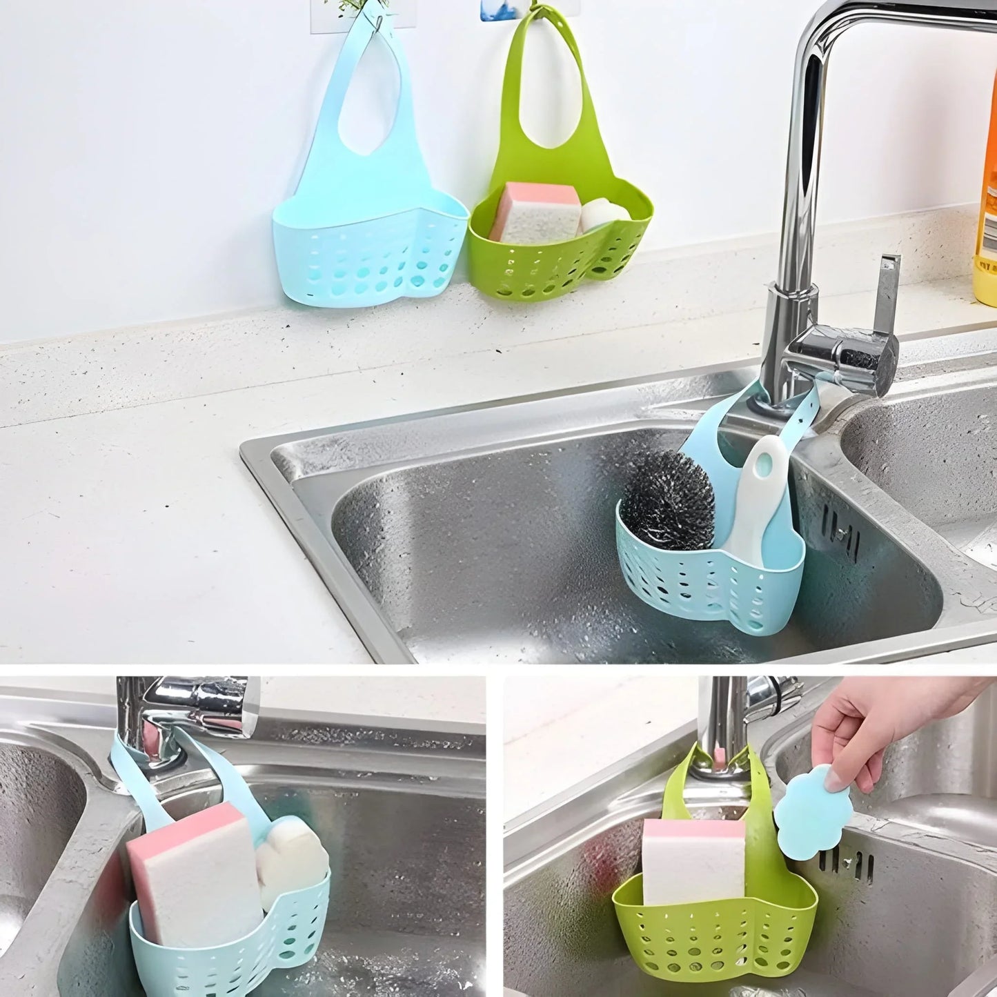 Perforated sink faucet sponge basket holding a light sponge, with small handle