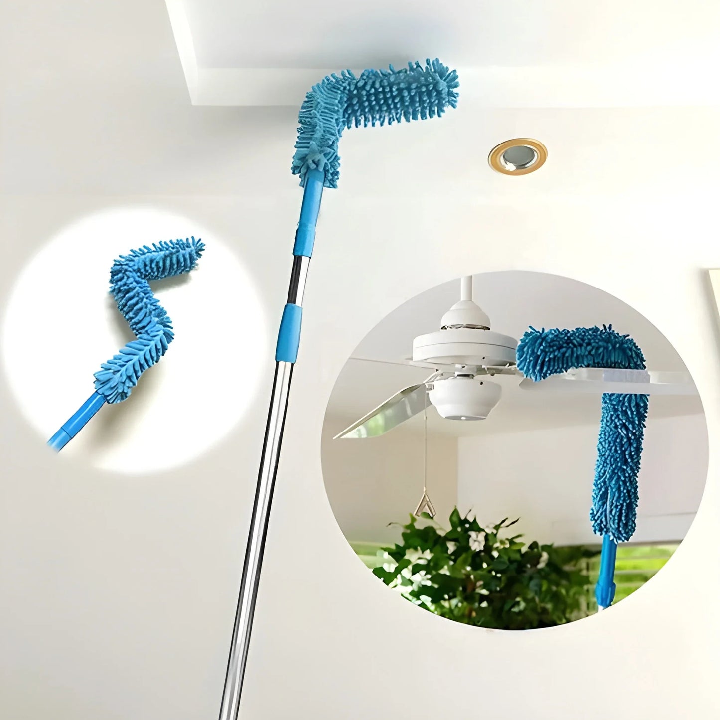Adjustable long-handle duster with blue microfiber head and adjustable pole