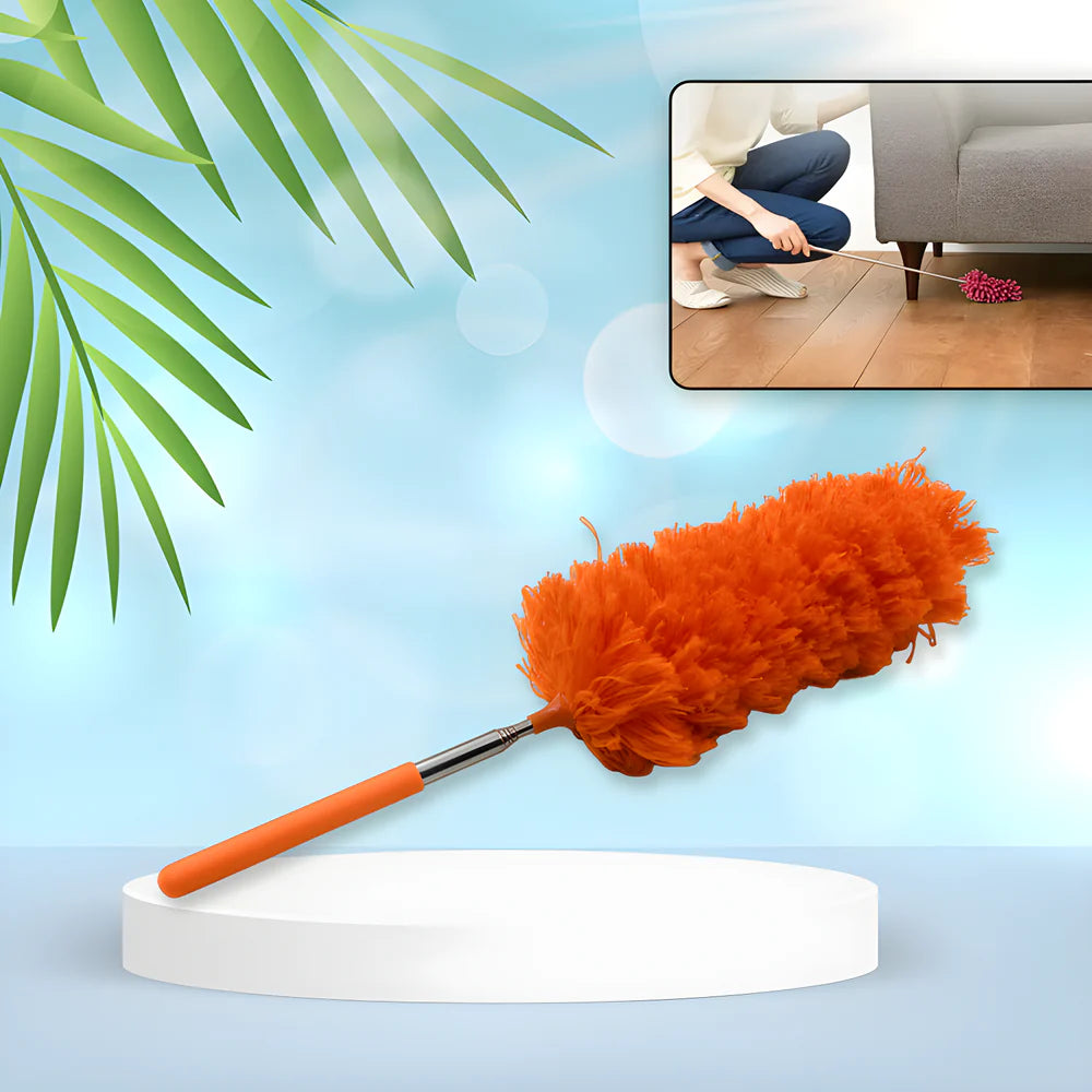 Adjustable microfiber duster with orange fluffy head and extendable handle