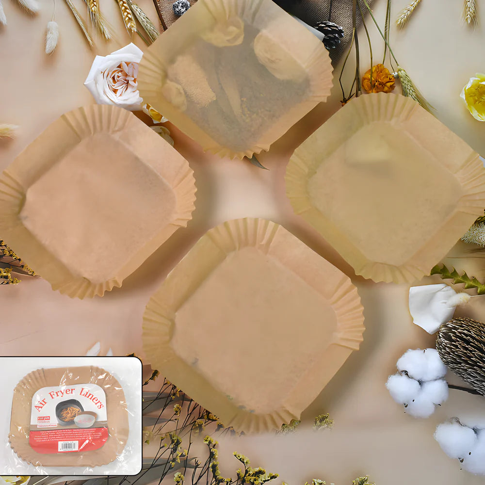 Round beige parchment air fryer paper liners with crimped ruffle edge