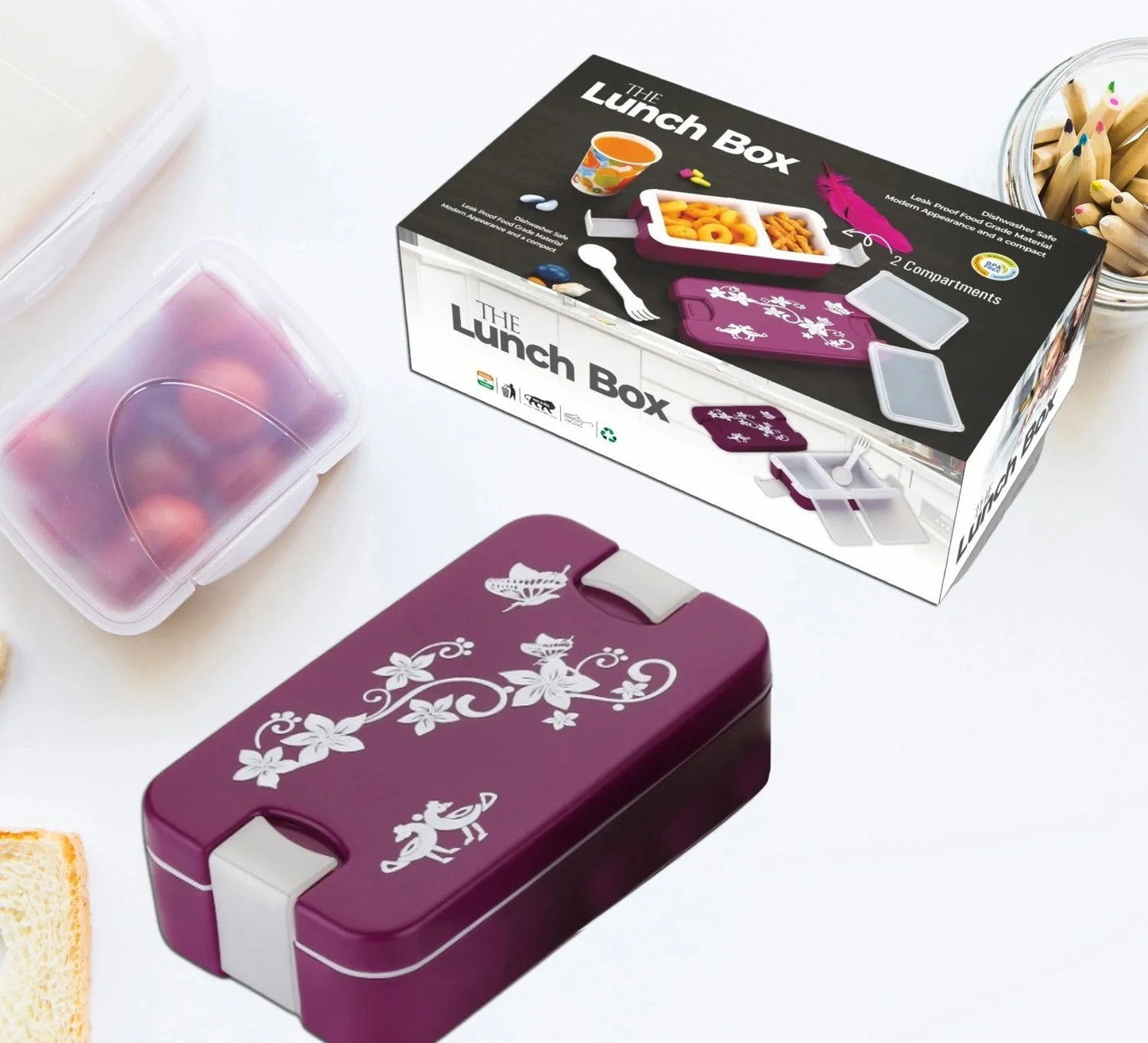 Two-compartment airtight lunch box, maroon with white floral pattern and latch