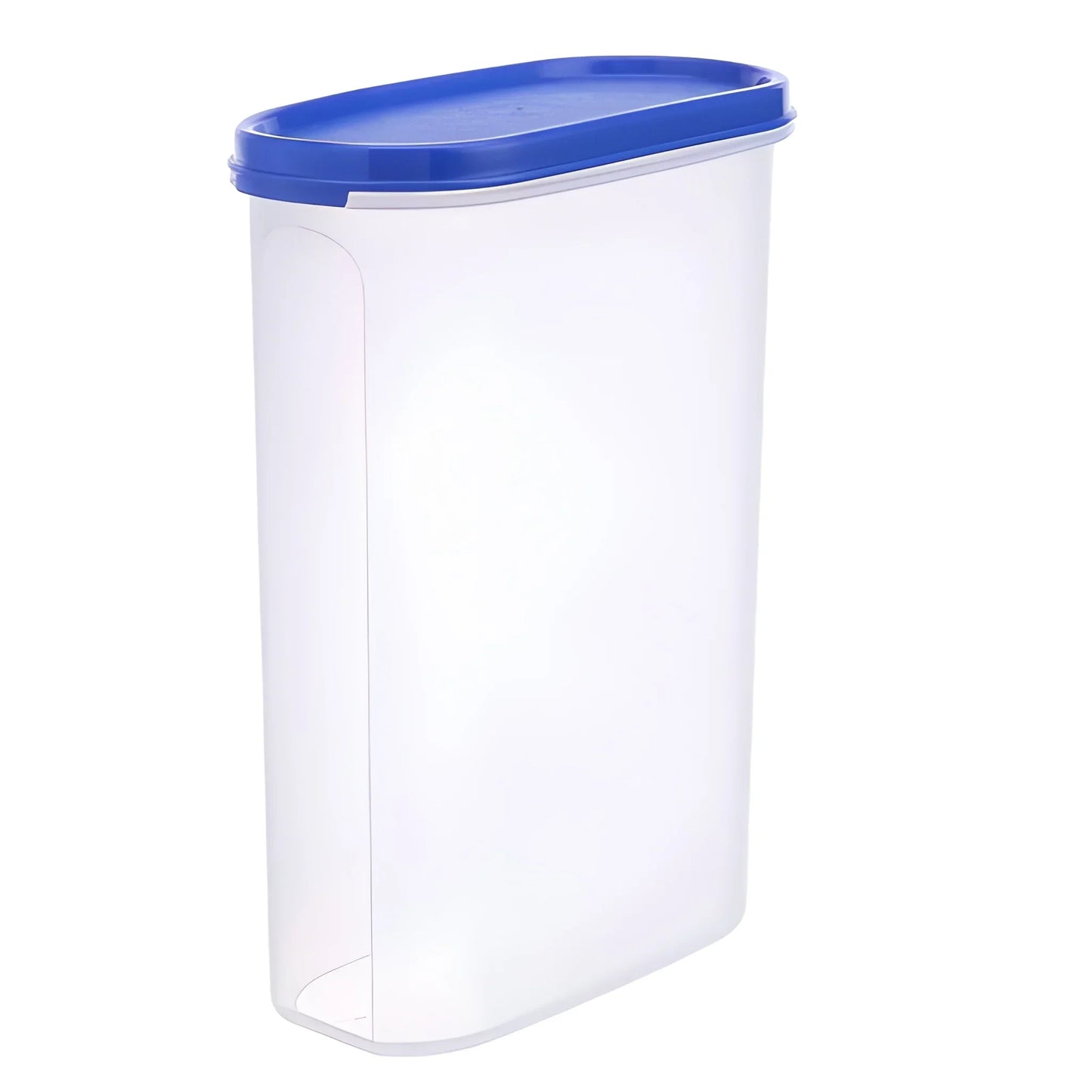 Airtight food container with blue snap lid, clear plastic body